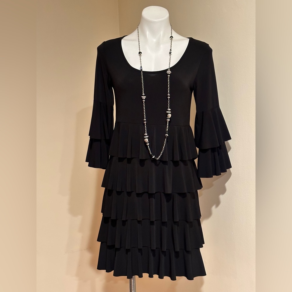 ISLE TIERED RUFFLE MIDI BLACK DRESS & SLEEVES BOAT NECK SZ S MADE IN TURKEY